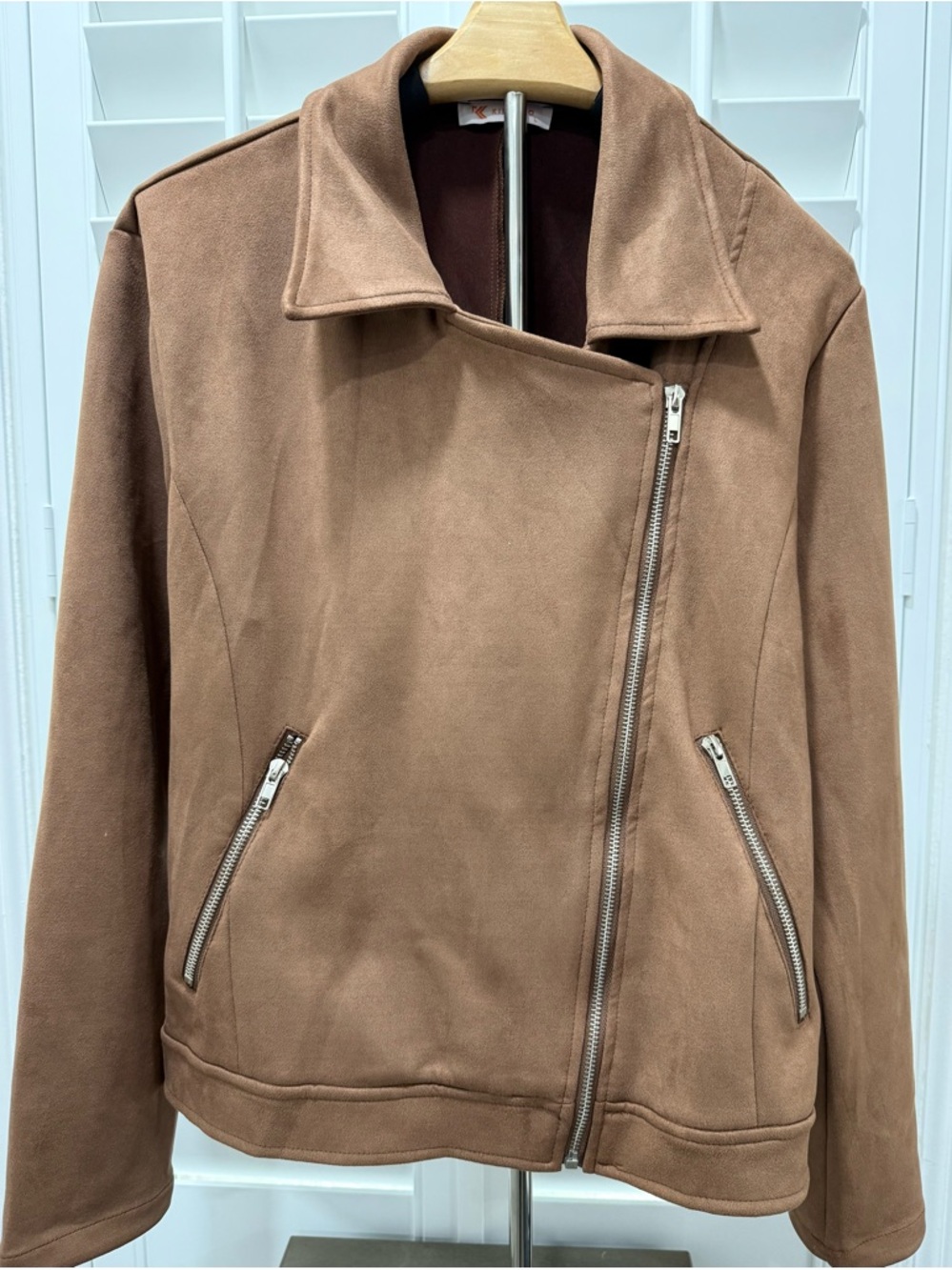 Women's Asymmetrical Suede-Look Leather Jacket - Brown